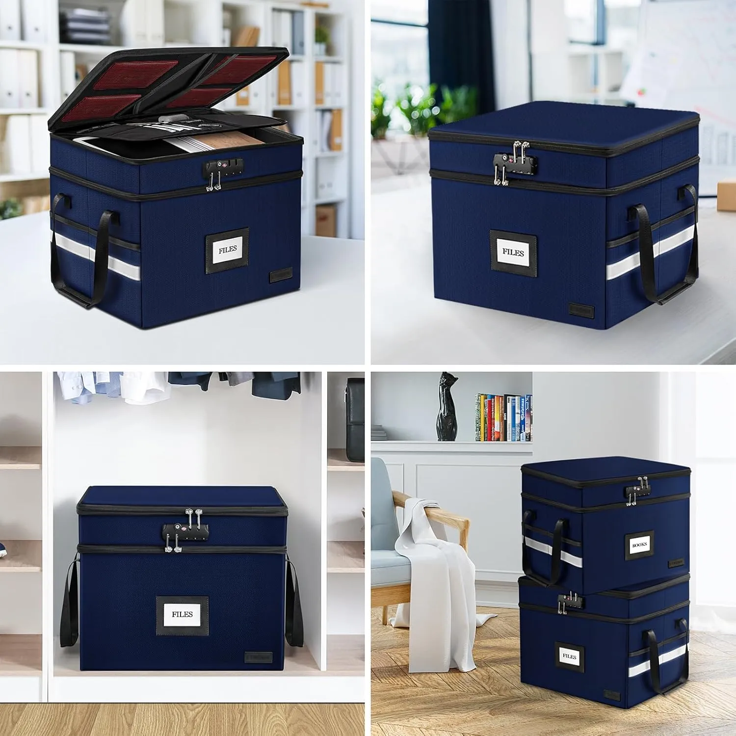 ETRONIK Fireproof Document Box with Lock, 2-Layer File Box Storage Organizer with 5 Tabs& Insert, Portable File Cabinet Storage Box with Handle for Hanging Letter/Legal Size Folder/Certificate, Blue