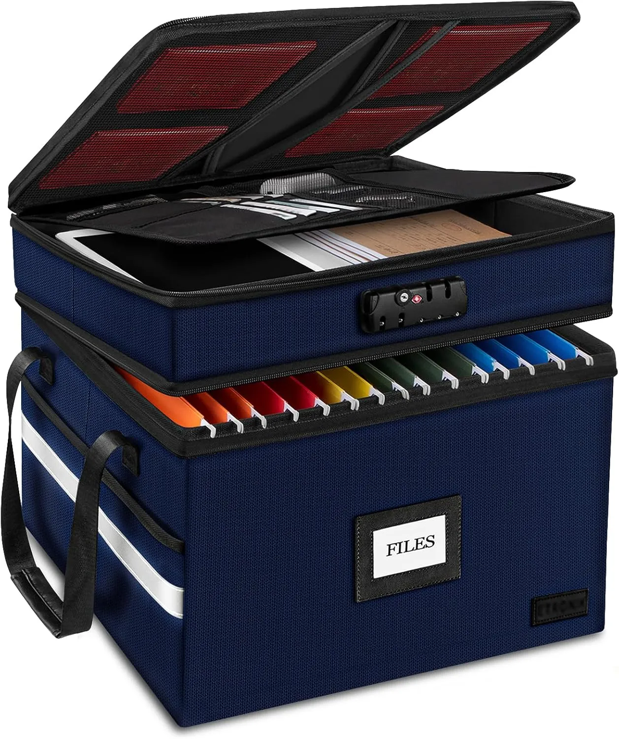 ETRONIK Fireproof Document Box with Lock, 2-Layer File Box Storage Organizer with 5 Tabs& Insert, Portable File Cabinet Storage Box with Handle for Hanging Letter/Legal Size Folder/Certificate, Blue