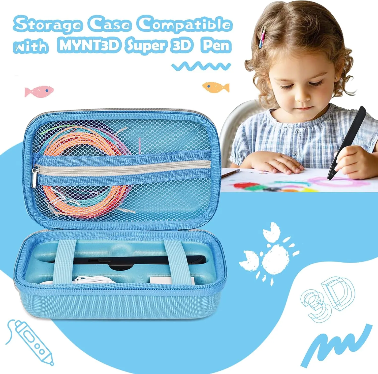 EVA Storage Case Compatible with MYNT3D Super 3D Pen Set, Portable Travel Bag for 3D Printing Pen, Refills and Cables (Blue)