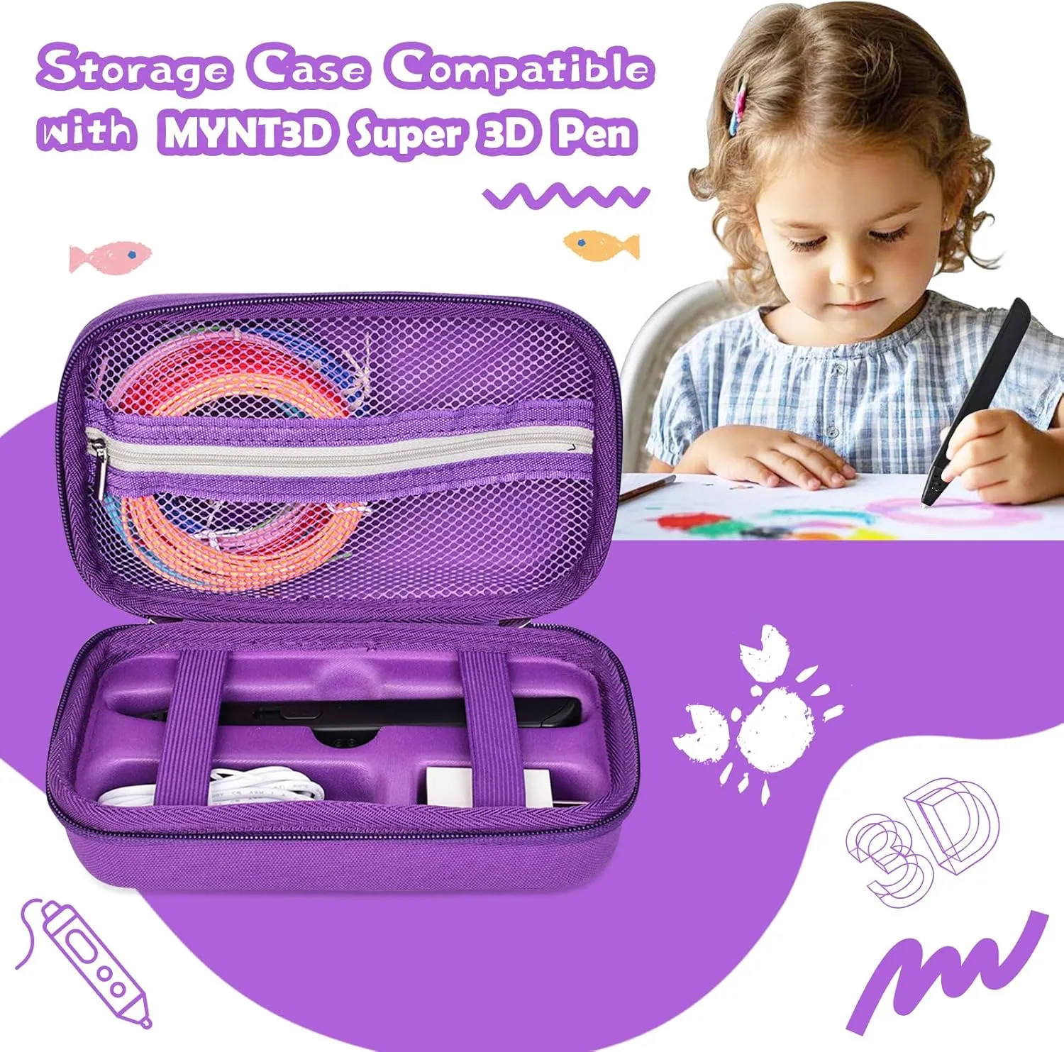 EVA Storage Case Compatible with MYNT3D Super 3D Pen Set, Portable Travel Bag for 3D Printing Pen, Refills and Cables (Purple)