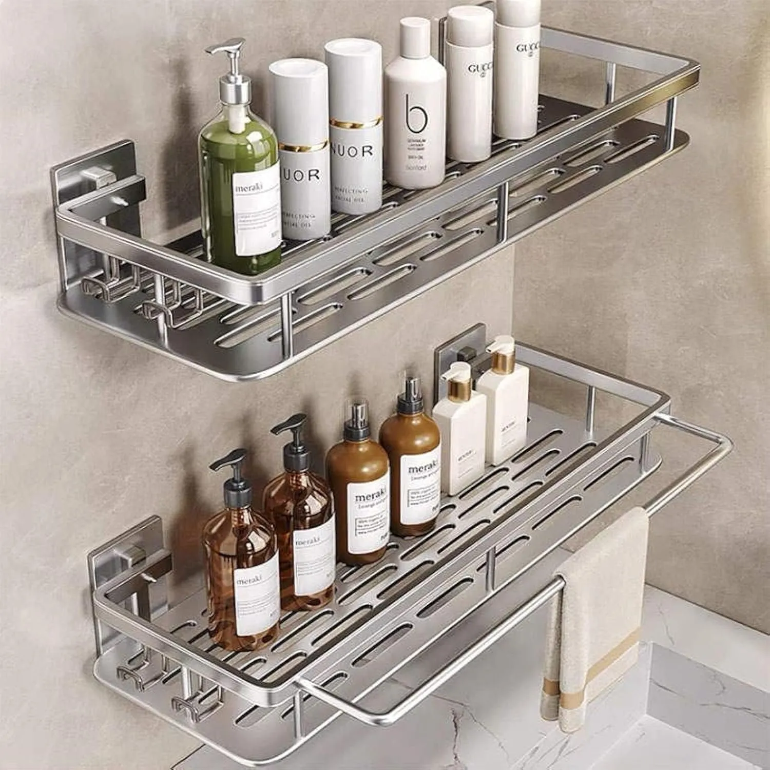 EVALAND Aluminum Shower Caddy, Adhesive Shower Shelves, 2-Pack with Hooks and Rod for Towels, No Drill Wall Mount Rustproof Premium Organizer for Bathroom, Kitchen, Silver