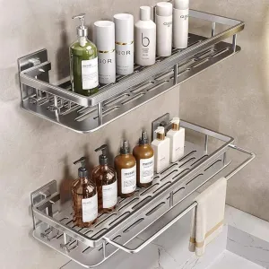 EVALAND Aluminum Shower Caddy, Adhesive Shower Shelves, 2-Pack with Hooks and Rod for Towels, No Drill Wall Mount Rustproof Premium Organizer for Bathroom, Kitchen, Silver