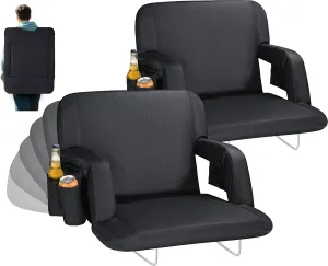 Extra Wide Stadium Seats with Back Support,25" Wide 2 Pack Padded Reclining Bleacher Chairs with Back and Cushion,6 Reclining Positions,2 Steel Bleacher Hooks,Side Pockets & Cup Holders(Black)