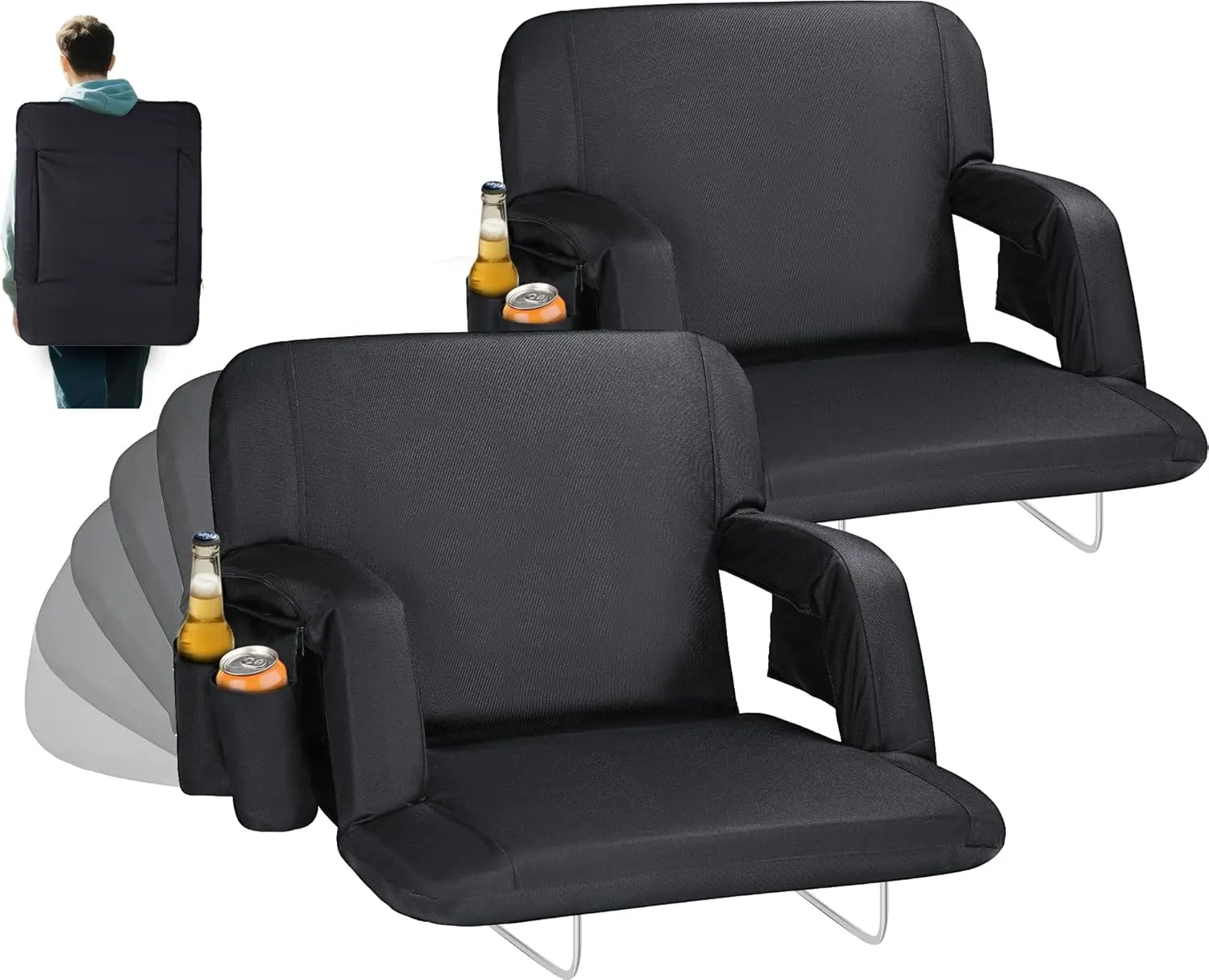Extra Wide Stadium Seats with Back Support,25" Wide 2 Pack Padded Reclining Bleacher Chairs with Back and Cushion,6 Reclining Positions,2 Steel Bleacher Hooks,Side Pockets & Cup Holders(Black)
