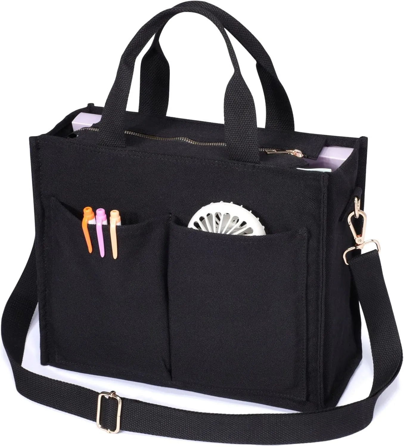 F-color College Tote Bag for Women - Crossbody Canvas Tote Bag with Zipper & 7 Pocket for Work College Teacher Nurse Gift