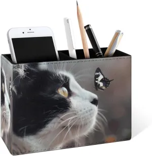 Famame Butterfly Lying on Cat Pencil Holder for Desk, Leather Desktop Container Pen Cup Storage Study Table Pen Organizer Makeup Brush Holder for Classroom Office Home