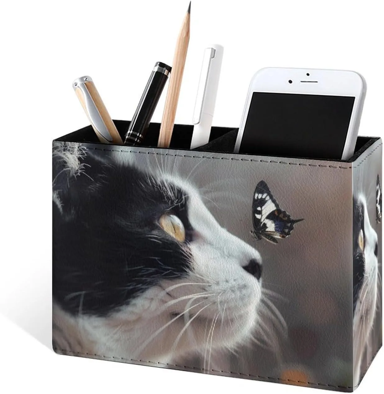 Famame Butterfly Lying on Cat Pencil Holder for Desk, Leather Desktop Container Pen Cup Storage Study Table Pen Organizer Makeup Brush Holder for Classroom Office Home