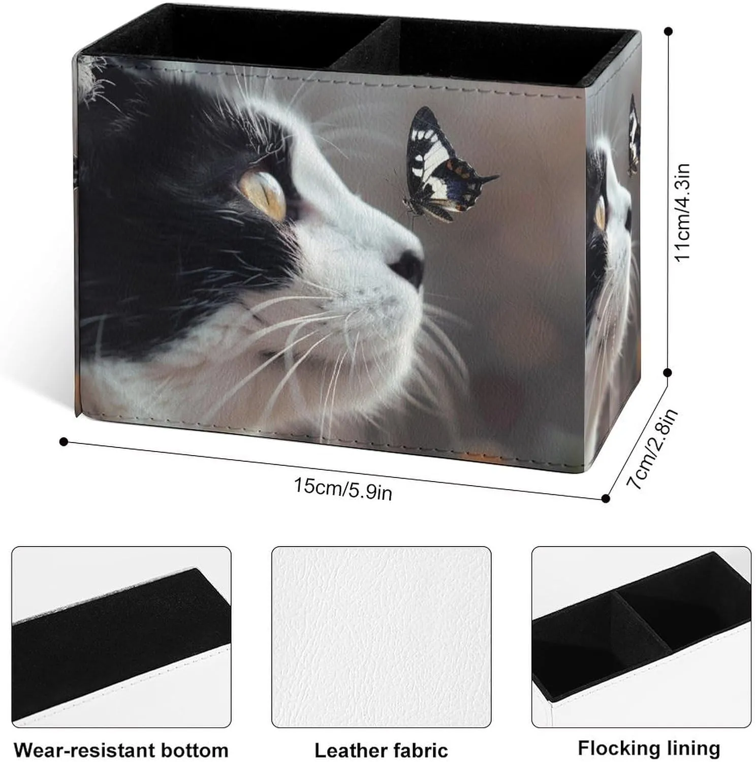 Famame Butterfly Lying on Cat Pencil Holder for Desk, Leather Desktop Container Pen Cup Storage Study Table Pen Organizer Makeup Brush Holder for Classroom Office Home