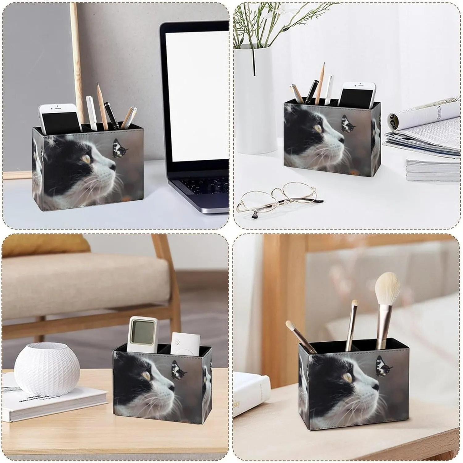 Famame Butterfly Lying on Cat Pencil Holder for Desk, Leather Desktop Container Pen Cup Storage Study Table Pen Organizer Makeup Brush Holder for Classroom Office Home