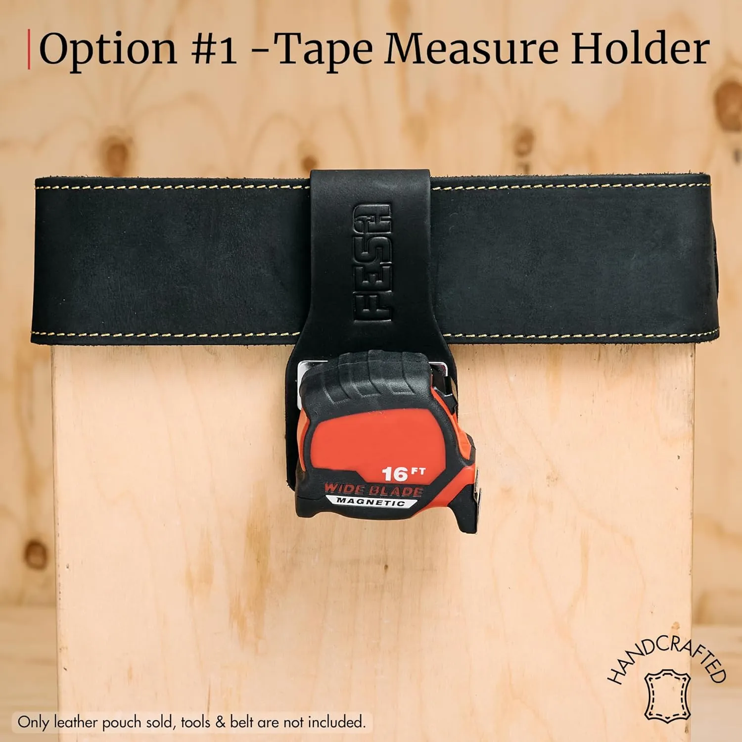 FESA Leather Tape Measure Holder for Belt with Steel Clip & Reinforced Heavy Duty Rivets - Leather Drill Holder for Tool Belts up to 3" Wide - Handcrafted