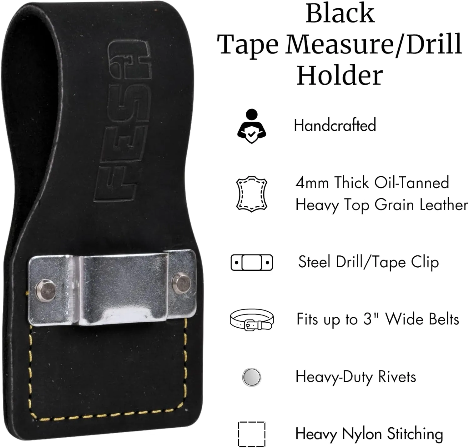 FESA Leather Tape Measure Holder for Belt with Steel Clip & Reinforced Heavy Duty Rivets - Leather Drill Holder for Tool Belts up to 3" Wide - Handcrafted