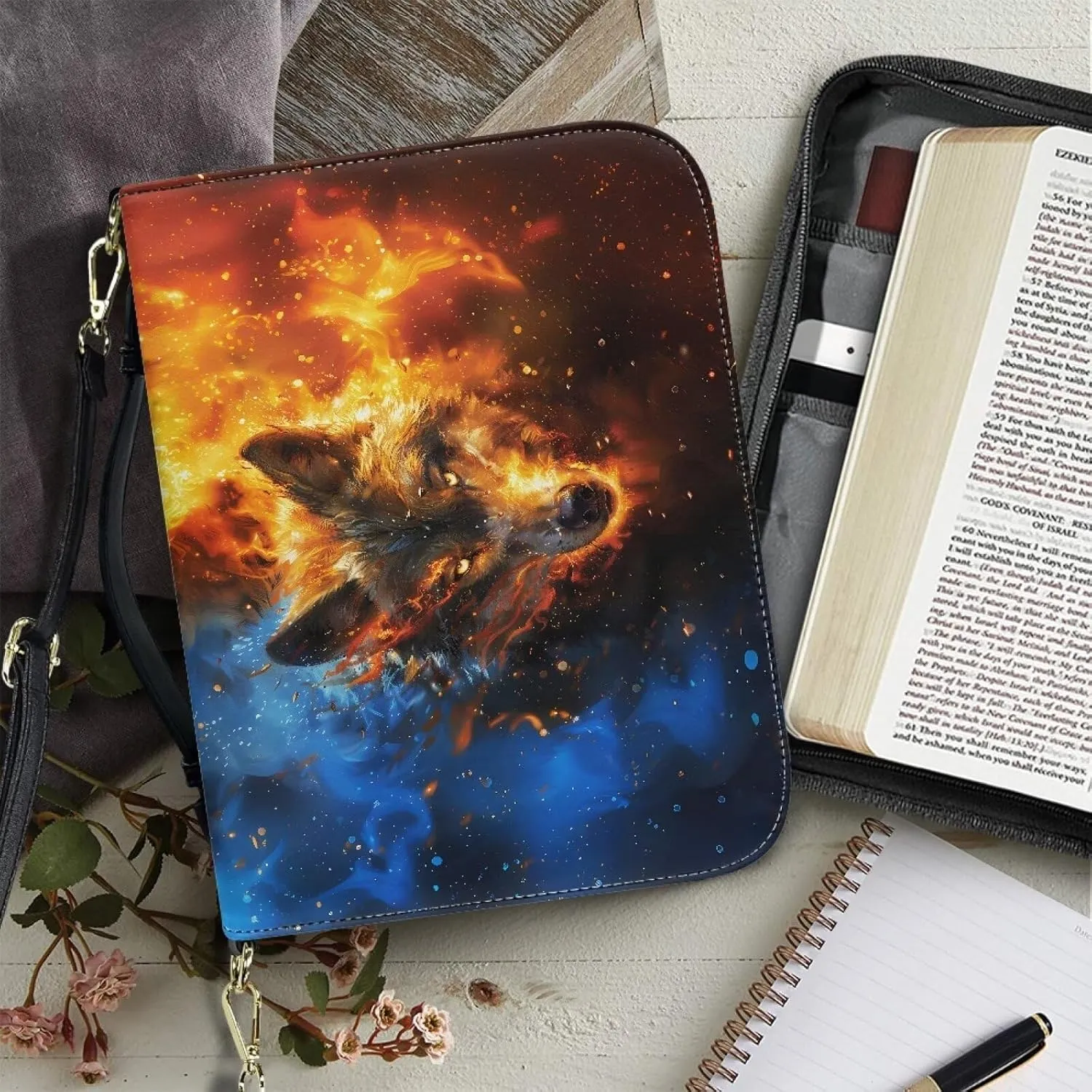 Fire Water Wolf Bible Bag Holder for Men Religious Personalized Carrying Book Case Protects with Zippered Handle