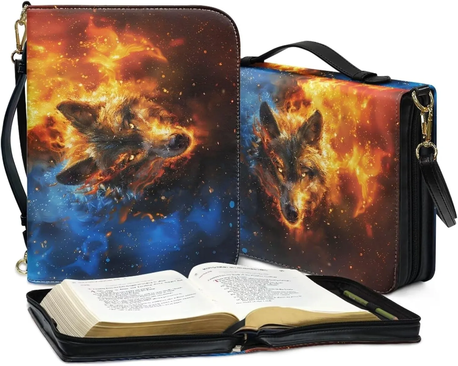 Fire Water Wolf Bible Bag Holder for Men Religious Personalized Carrying Book Case Protects with Zippered Handle