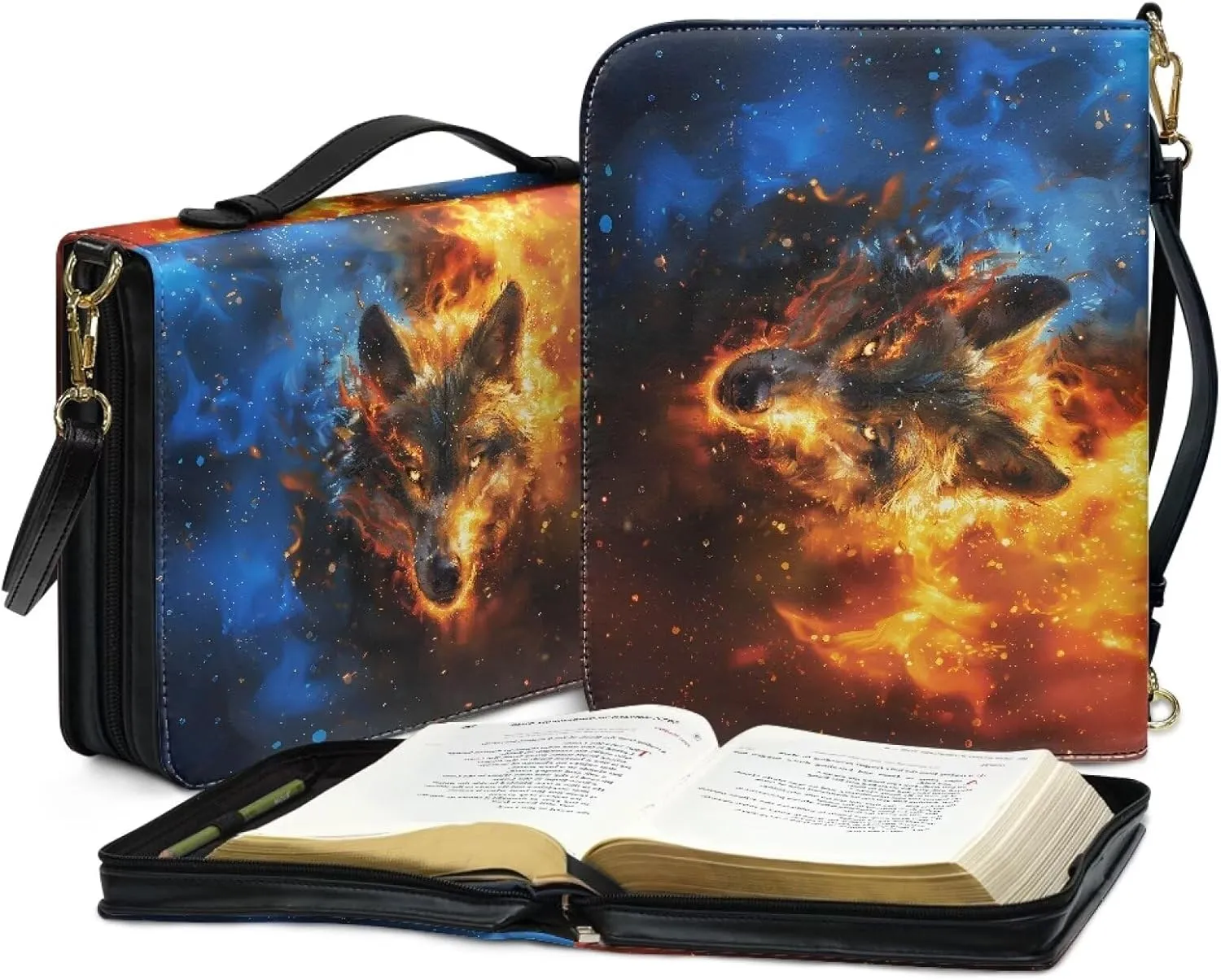 Fire Water Wolf Bible Bag Holder for Men Religious Personalized Carrying Book Case Protects with Zippered Handle
