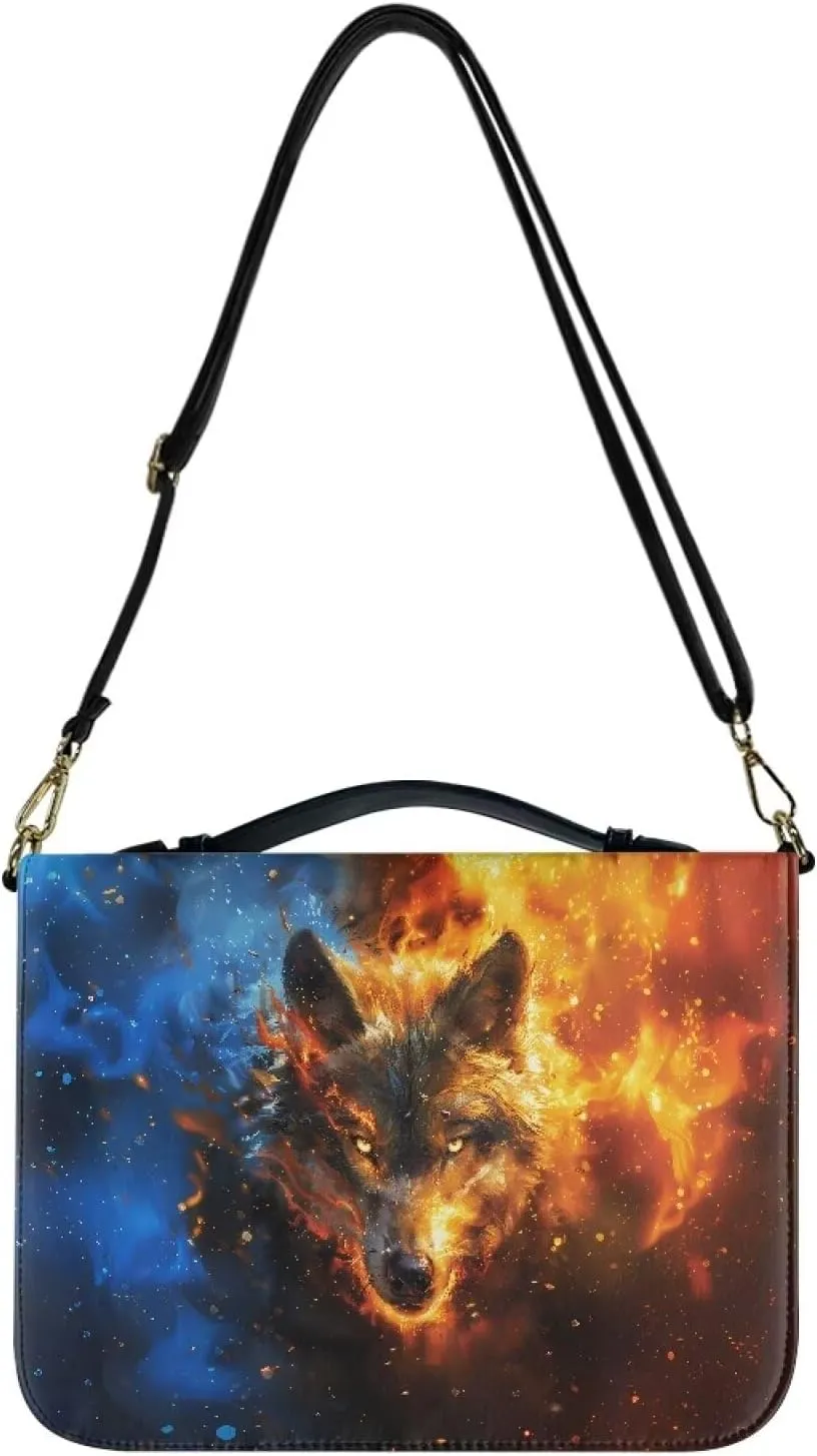 Fire Water Wolf Bible Bag Holder for Men Religious Personalized Carrying Book Case Protects with Zippered Handle