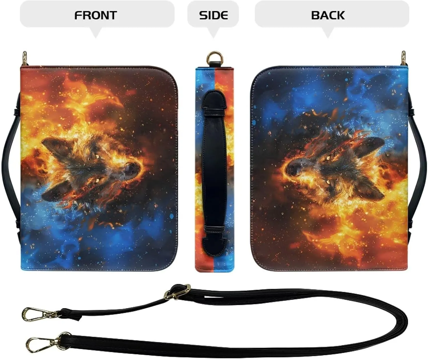 Fire Water Wolf Bible Bag Holder for Men Religious Personalized Carrying Book Case Protects with Zippered Handle