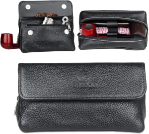 FIREDOG Leather Smoking Pipe Bag Pouch Case for 2 Pipes (Black)