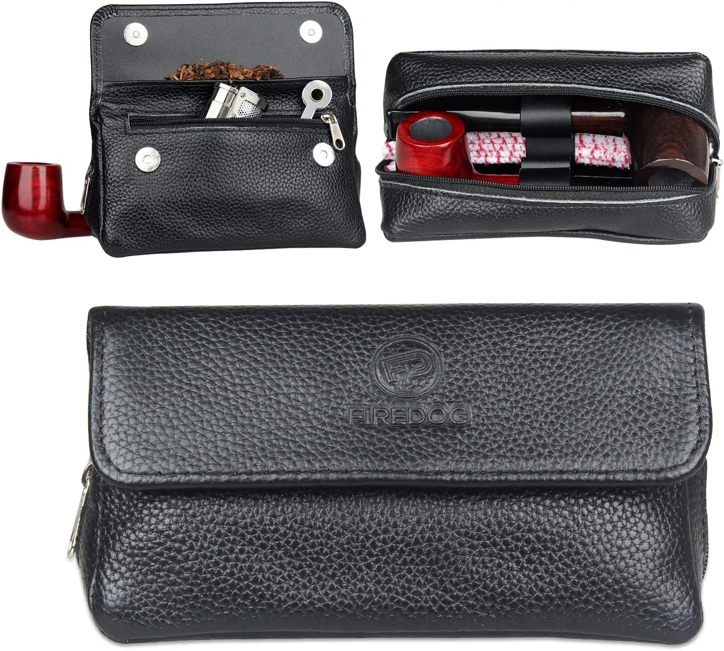 FIREDOG Leather Smoking Pipe Bag Pouch Case for 2 Pipes (Black)