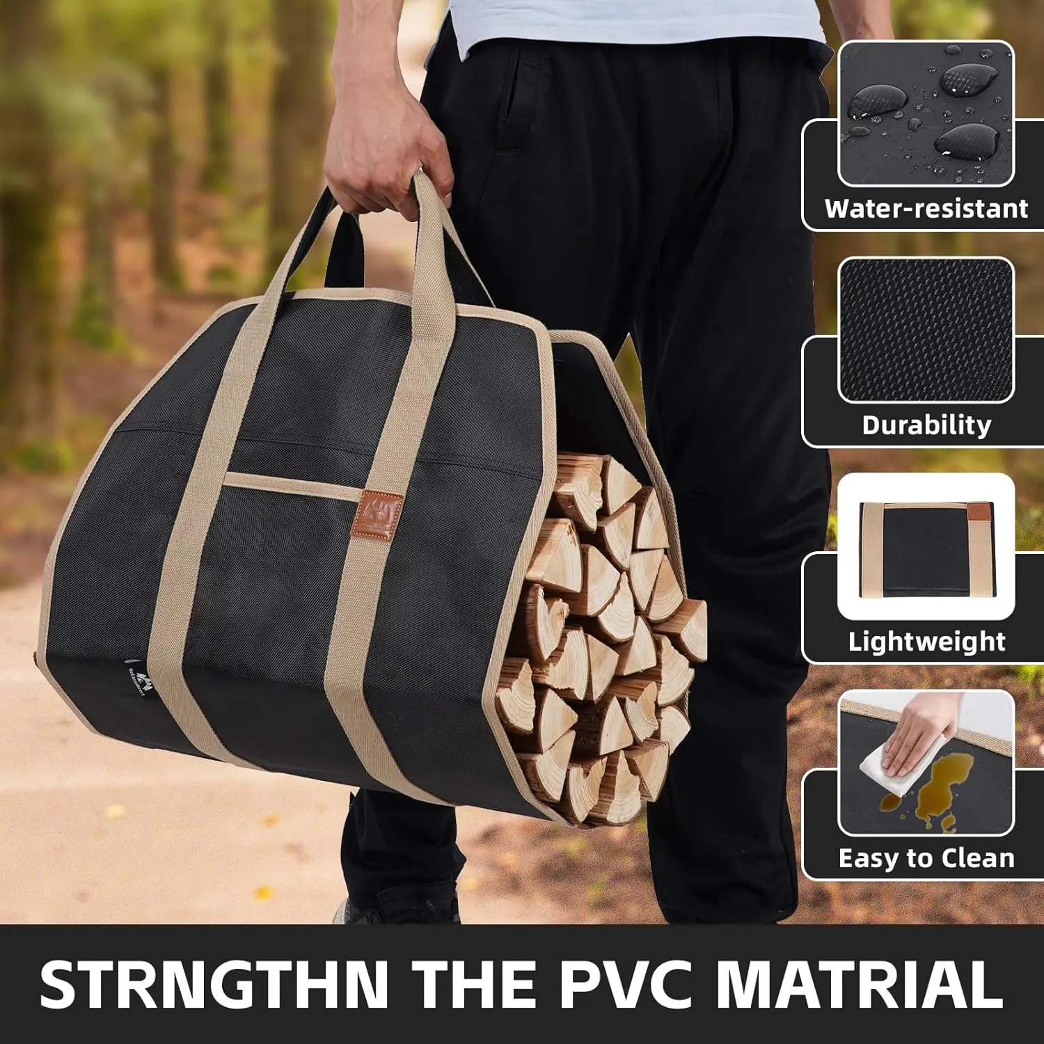 Firewood Carriers with Handles - 39×18Inch Log Carrier | PVC Package Firewood Bag Carrier | Water Resistant Firewood Tote Wood Carrying Bag for Camping Indoor - Black