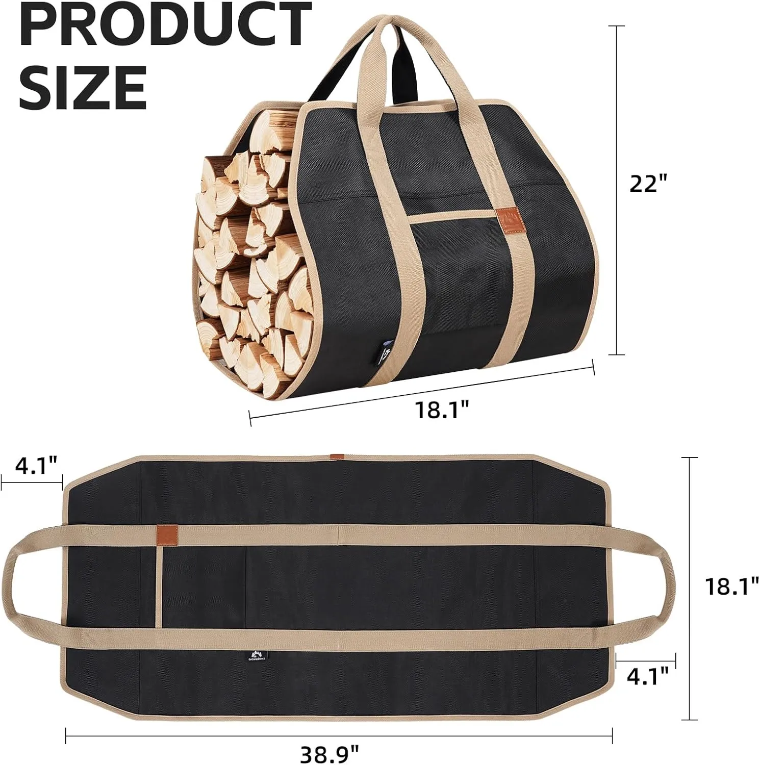Firewood Carriers with Handles - 39×18Inch Log Carrier | PVC Package Firewood Bag Carrier | Water Resistant Firewood Tote Wood Carrying Bag for Camping Indoor - Black
