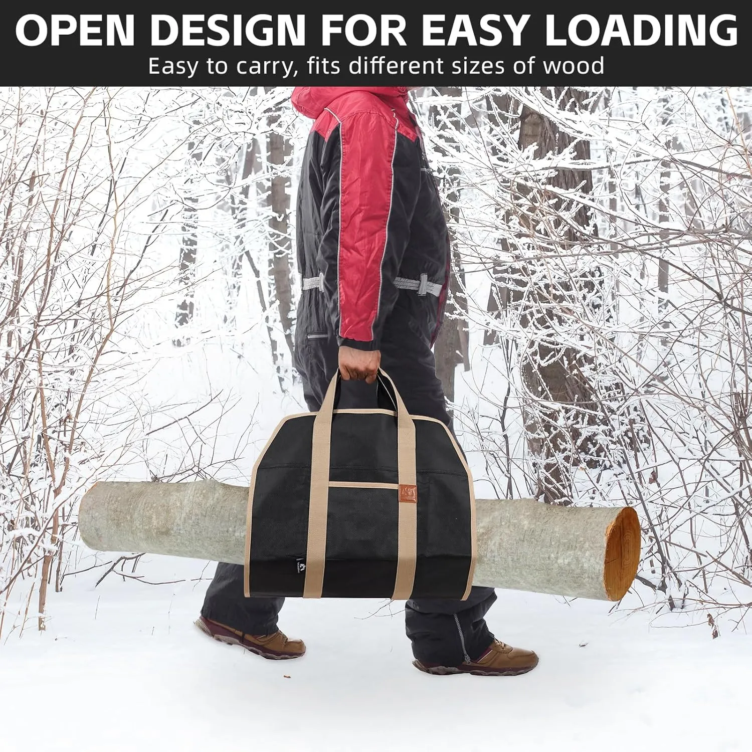 Firewood Carriers with Handles - 39×18Inch Log Carrier | PVC Package Firewood Bag Carrier | Water Resistant Firewood Tote Wood Carrying Bag for Camping Indoor - Black