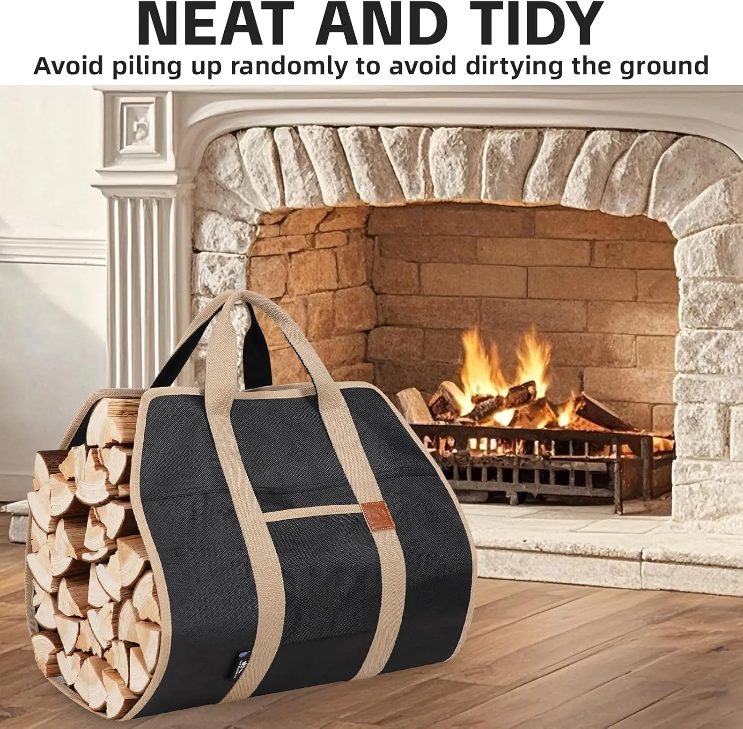 Firewood Carriers with Handles - 39×18Inch Log Carrier | PVC Package Firewood Bag Carrier | Water Resistant Firewood Tote Wood Carrying Bag for Camping Indoor - Black