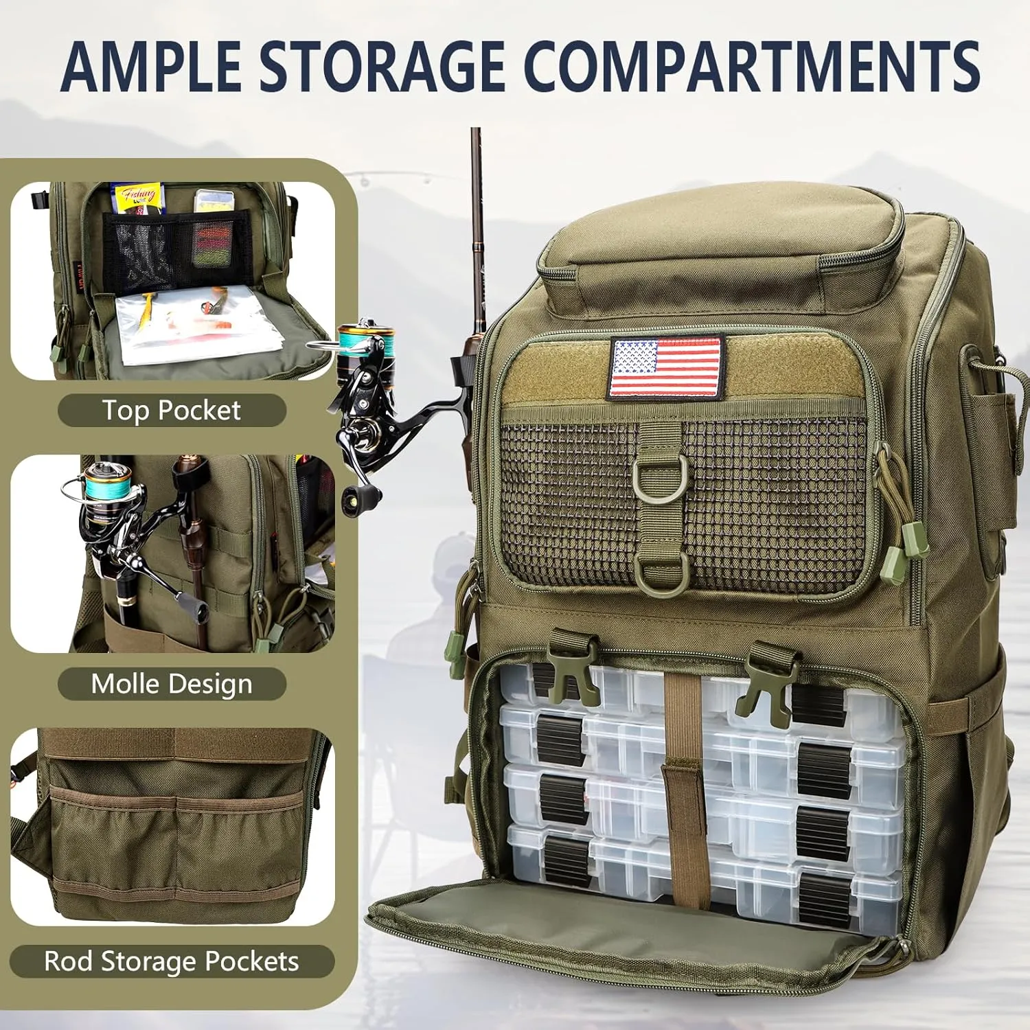 Fishing Backpack with Rod Holders, Ultimate Tackle Box Bakpack for Men, 42L Large Tackle Bag Store Fishing Gear