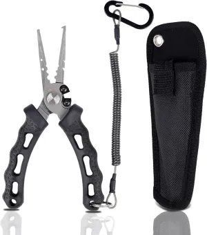 Fishing Pliers with Innovative Ergonomical Handle, Corrosion Saltwater Resistant,Fishing Multitool Hook Remover Braided Fishing Line Cutting, Split Ring with Coiled Lanyard and Sheath