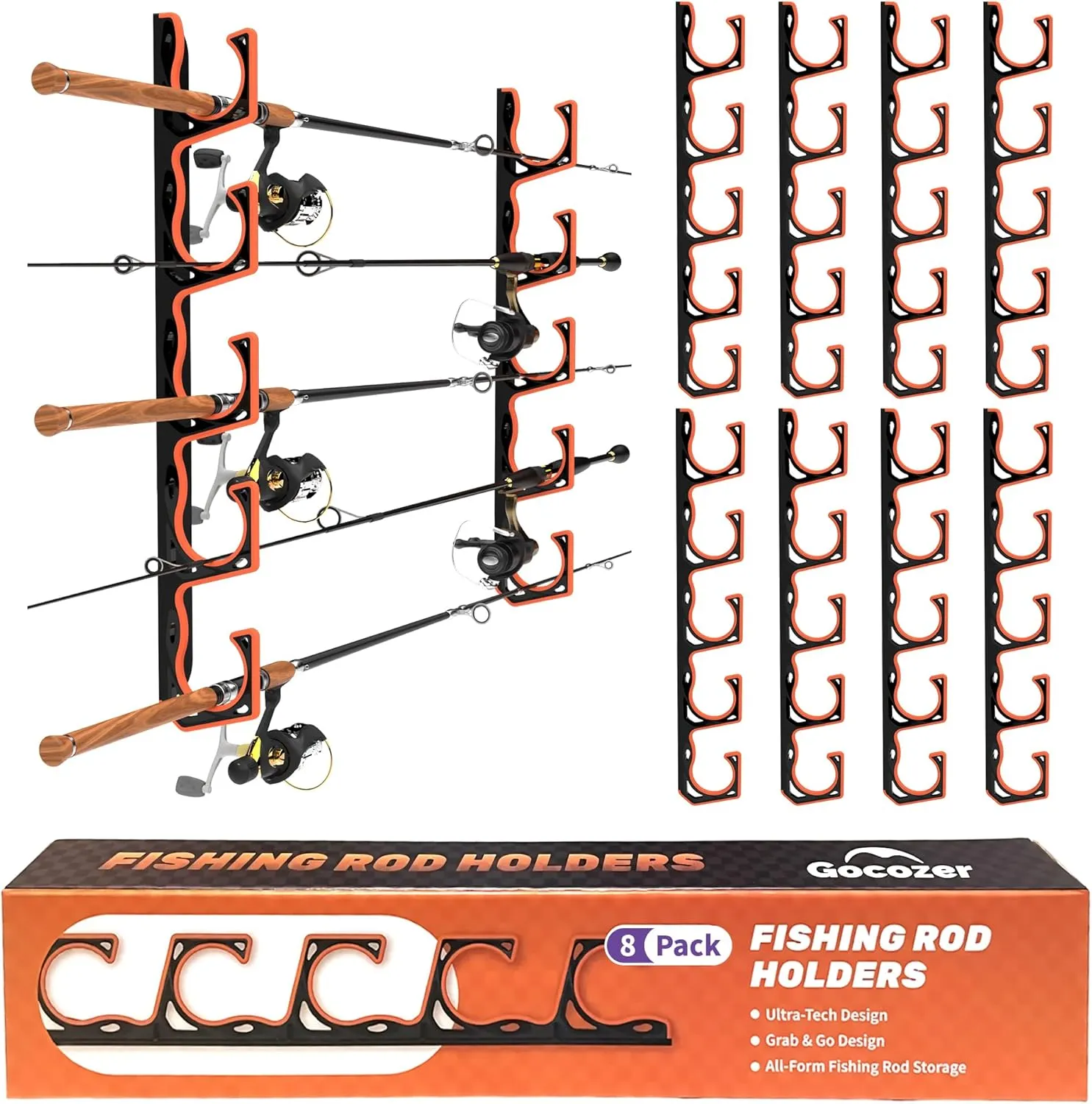 Fishing Rod Holder for Garage, H5 Wall or Ceiling Mounted Fishing Pole Holders with Soft Protective Pad, Fishing Rod Storage Organizer, Horizontal Fishing Rod Wall Mount Nets Storage (8 PACK)