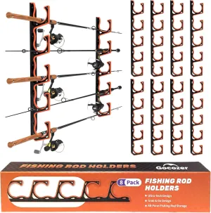 Fishing Rod Holder for Garage, H5 Wall or Ceiling Mounted Fishing Pole Holders with Soft Protective Pad, Fishing Rod Storage Organizer, Horizontal Fishing Rod Wall Mount Nets Storage (8 PACK)