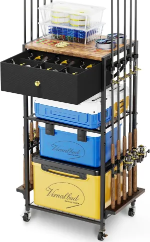 Fishing Rod Holders for Garage Holds Up To 10 Rods, 360 Degree Rotating Fishing Pole Holder, Tackle Storage Cart Fishing Gear and Equipment Organizers, Fishing Gifts for Men Women (Black)