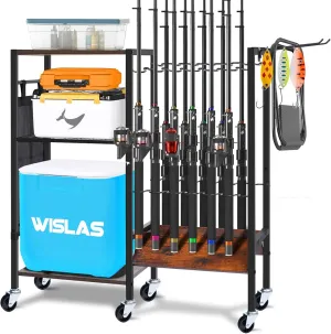 Fishing Rod Holders for Garage, Pole Holders with Wheels for 12-Rods, Fishing Rod Rack with 3 Tier Storage Organizer, Fishing Gear Equipment Organizer Cart, Ideal Gifts for Men Dad