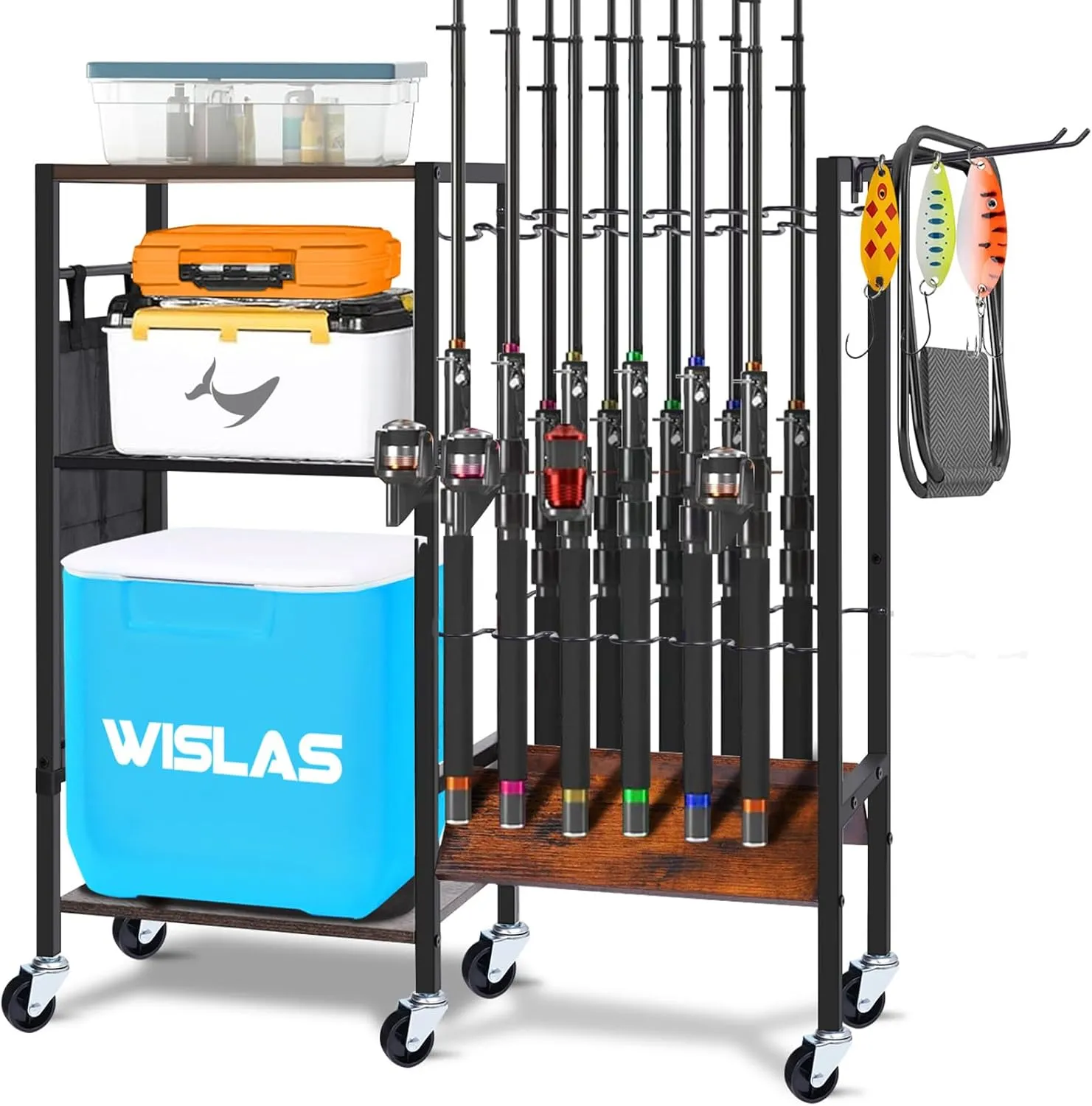 Fishing Rod Holders for Garage, Pole Holders with Wheels for 12-Rods, Fishing Rod Rack with 3 Tier Storage Organizer, Fishing Gear Equipment Organizer Cart, Ideal Gifts for Men Dad