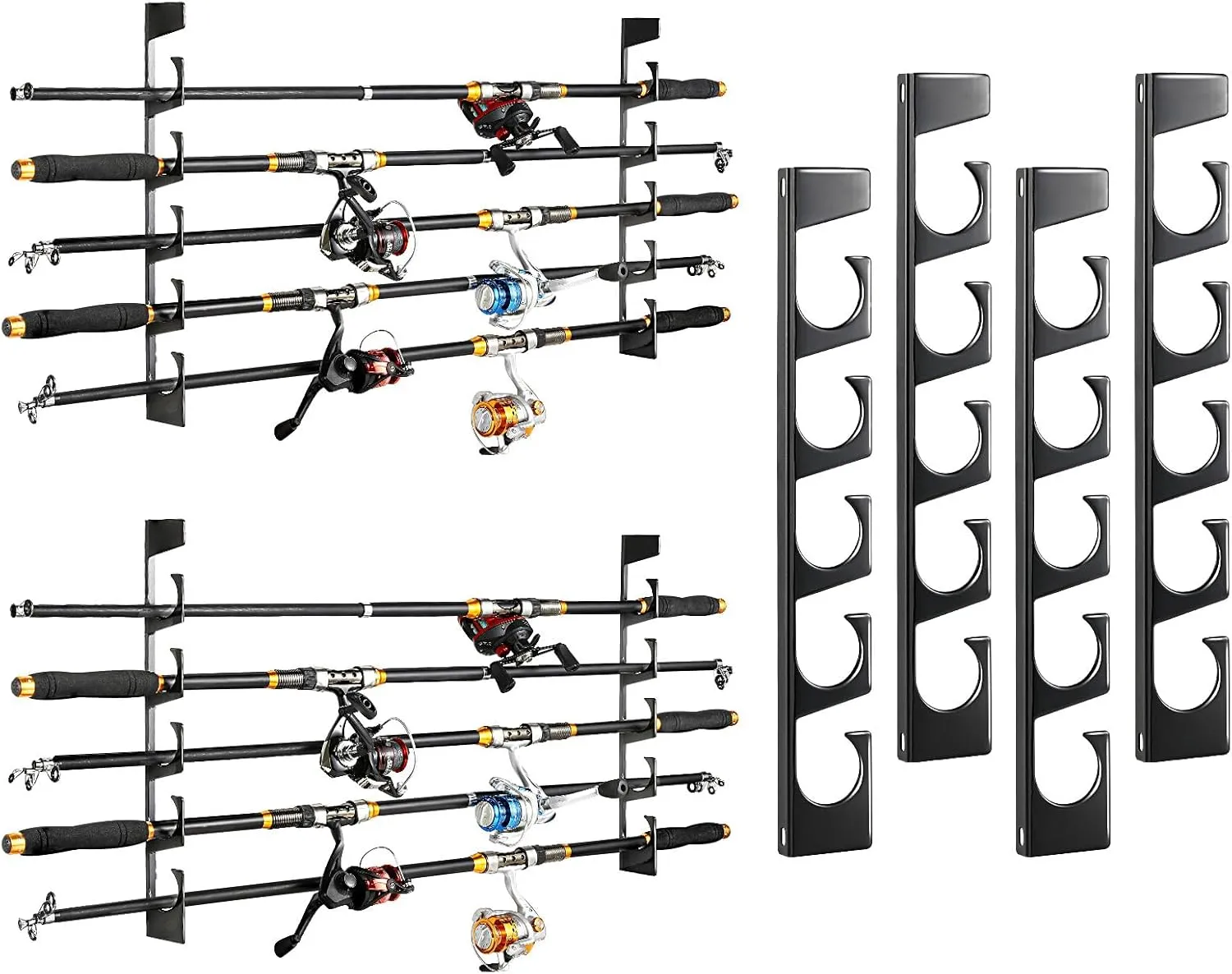 Fishing Rod Pole Holders, Wall or Ceiling Mounted Metal Fish Rod Rack with Protective Layers, 2 Set Horizontal Fishing Pole Storage Organizer Holds Up to 10 Rods, Fishing Gifts for Men, Black