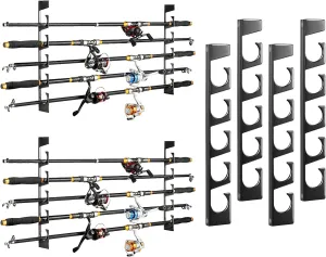 Fishing Rod Pole Holders, Wall or Ceiling Mounted Metal Fish Rod Rack with Protective Layers, 2 Set Horizontal Fishing Pole Storage Organizer Holds Up to 10 Rods, Fishing Gifts for Men, Black