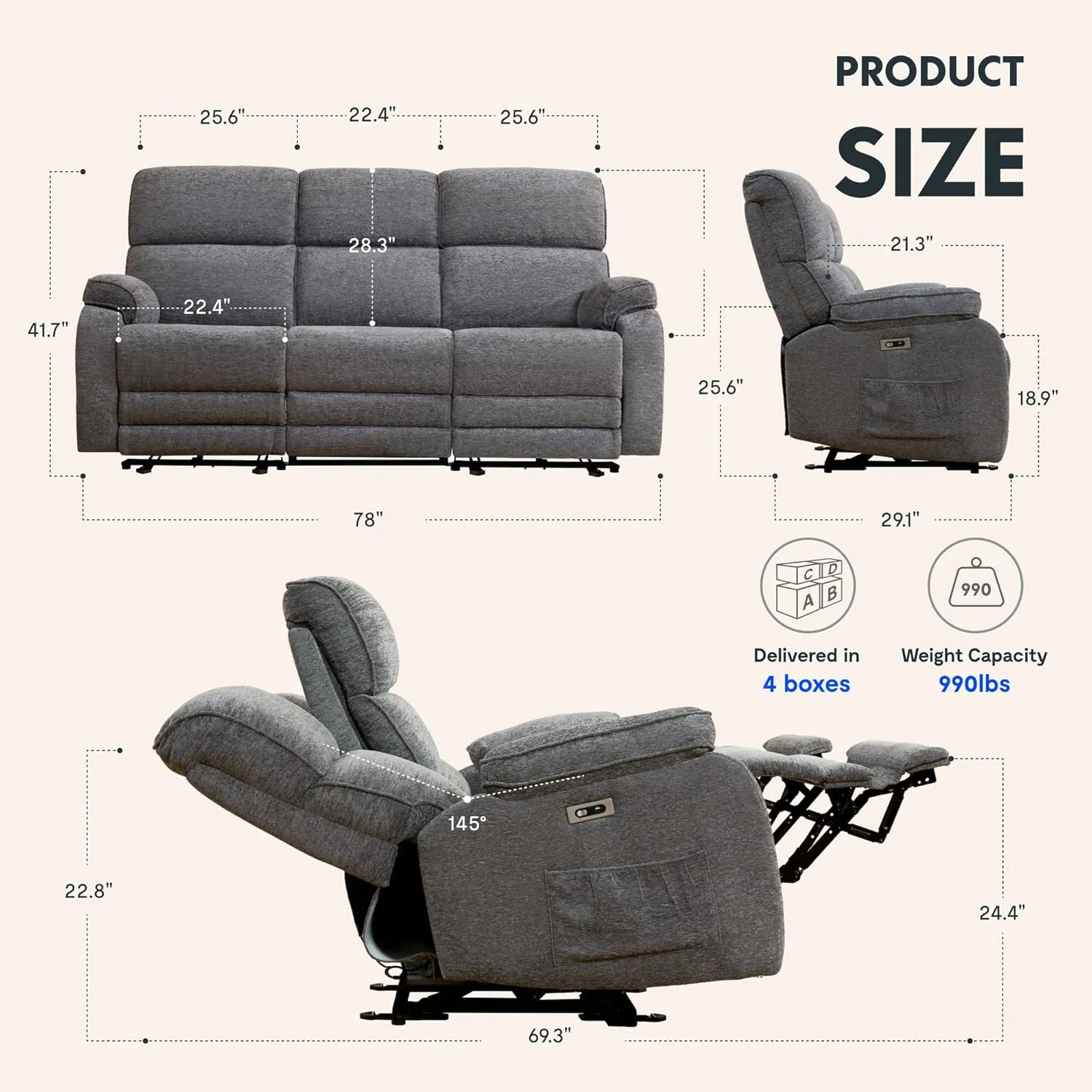 FLEXISPOT Power Recliner Sofa, Zero Gravity Couch, 3-Seat Sofa with Massage & Heat, Cup Holders, USB/Type-C Charging Ports, Electric Reclining Couch for Living Room, Gray (XS4)