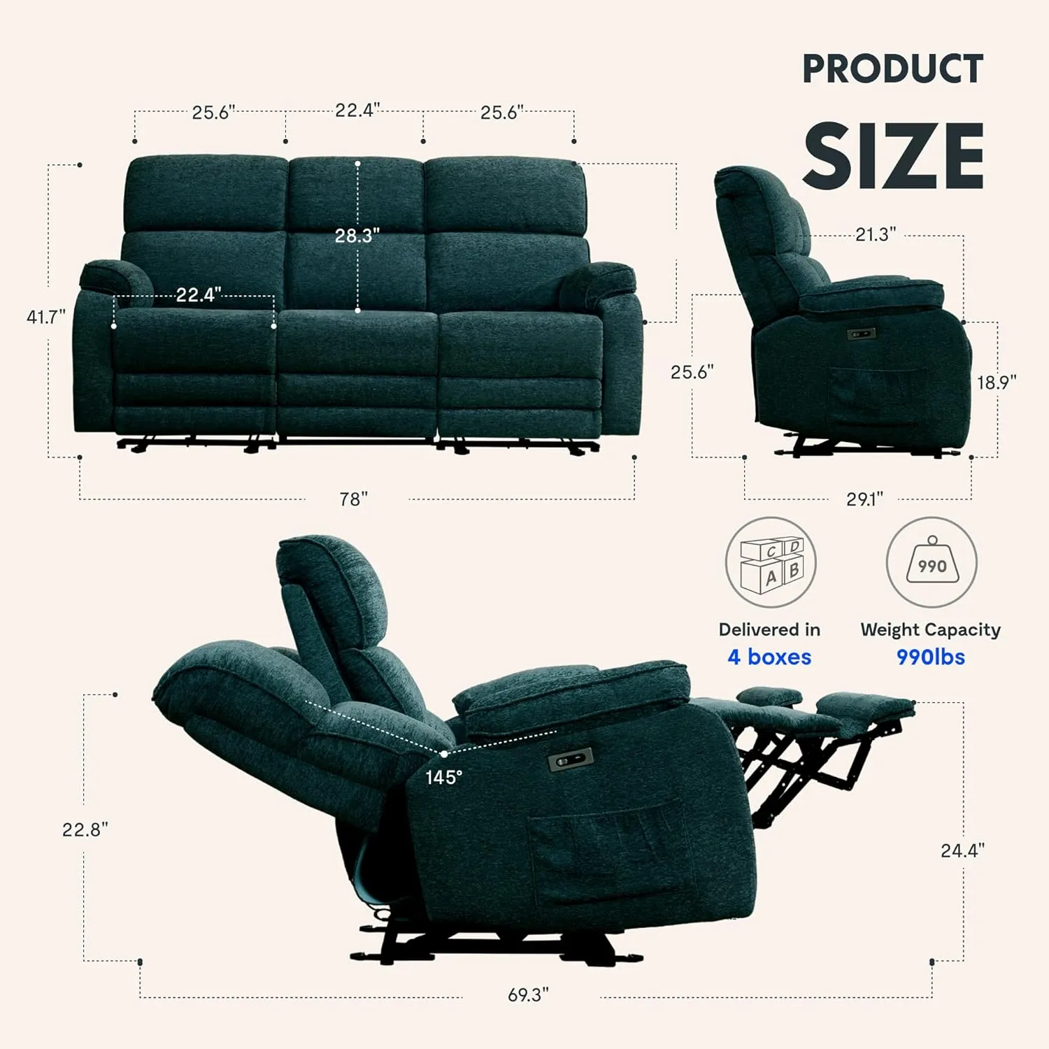 FLEXISPOT Power Recliner Sofa, Zero Gravity Couch, Home Theater Seating with Massage & Heat, Cup Holders, USB/Type-C Charging Ports, Electric Reclining Couch for Living Room, Teal (XS4)