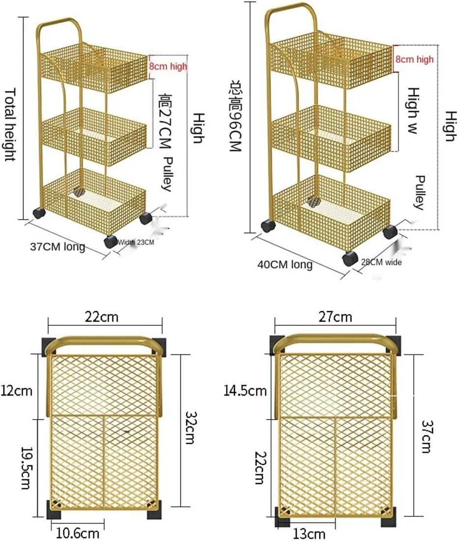 FLYIFE Iron Rack Bedroom Kitchen Metal Mobile Bathroom Storage Rack Wheeled Trolley Gold Kitchen Cart Kitchen Island/Gold/40X29X96
