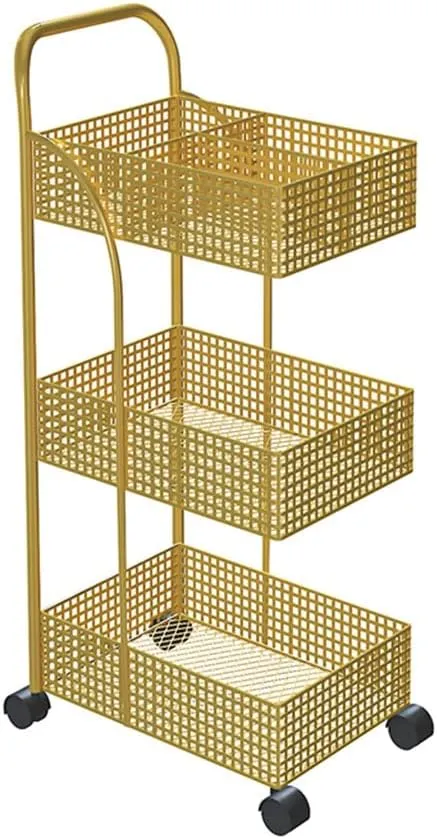 FLYIFE Iron Rack Bedroom Kitchen Metal Mobile Bathroom Storage Rack Wheeled Trolley Gold Kitchen Cart Kitchen Island/Gold/40X29X96