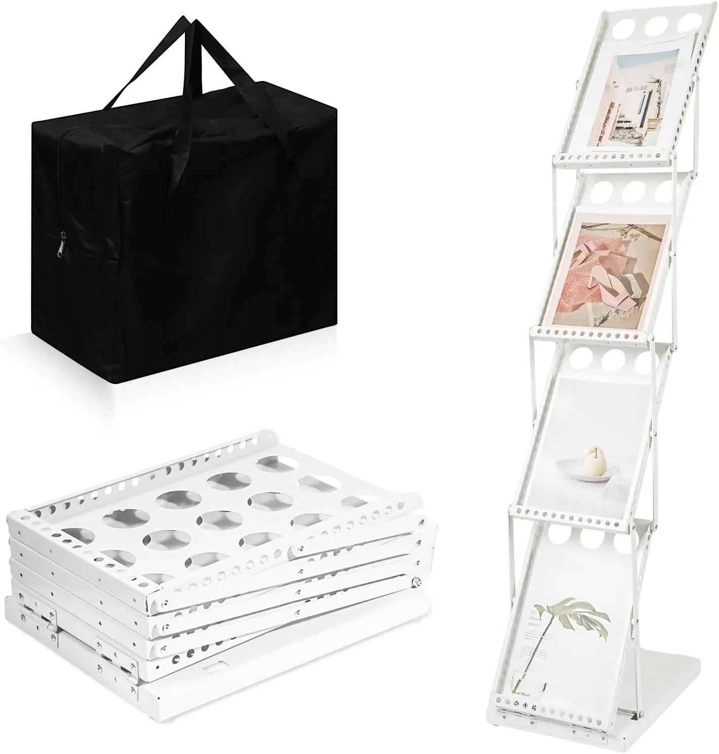 Foldable Magazine Rack Metal, Folding Literature Floor Display Stand 4 Pocket with Portable Bag Catalog Holder Booklets Brochure Shelf for Holding Newspaper Trade Show Accessories Office Retail Home