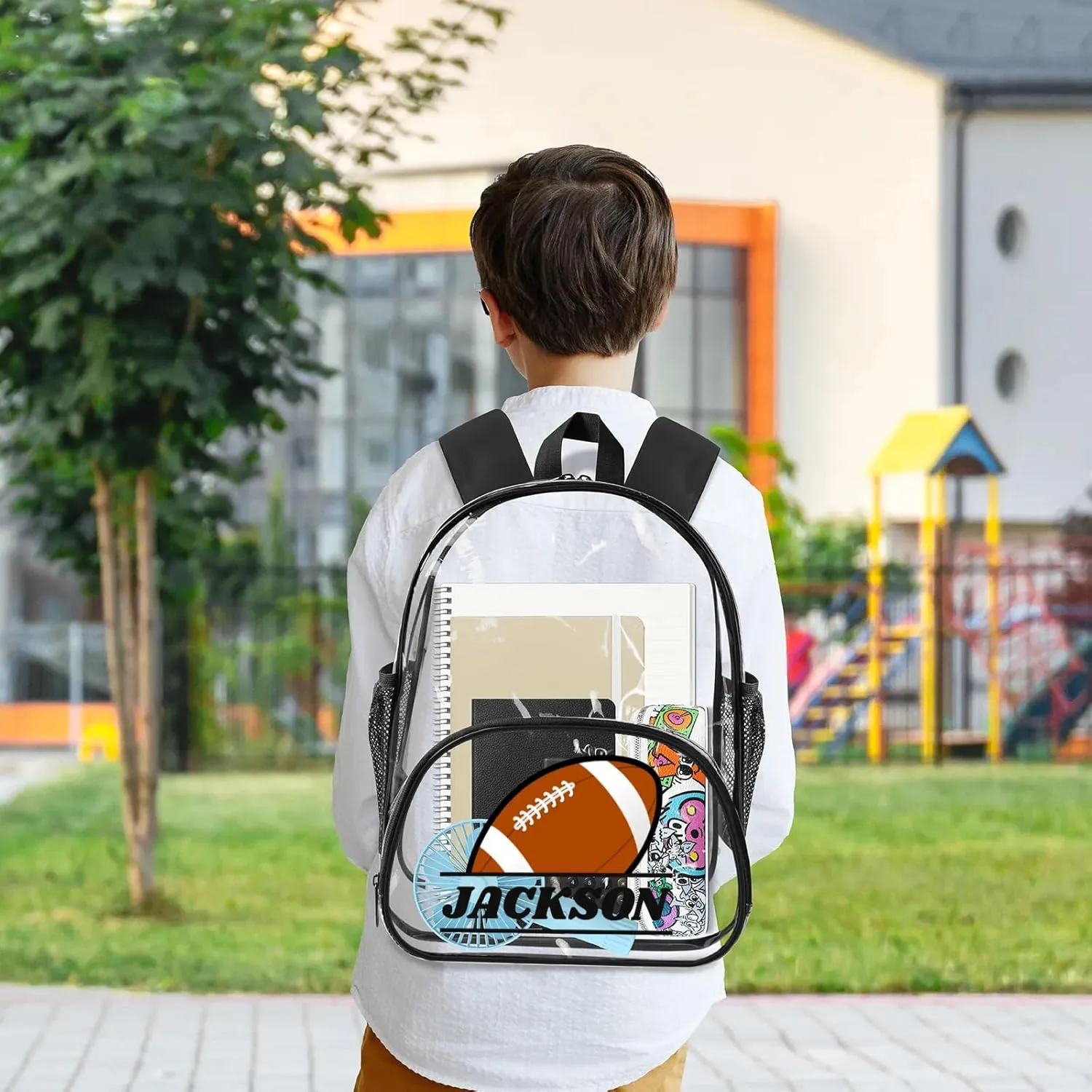 Football Clear Bookbag, Personalized Name Transparent Black Backpack, Custom See Through Travel Sport Plastic Back Pack PVC with Reinforced Strap, Waterproof