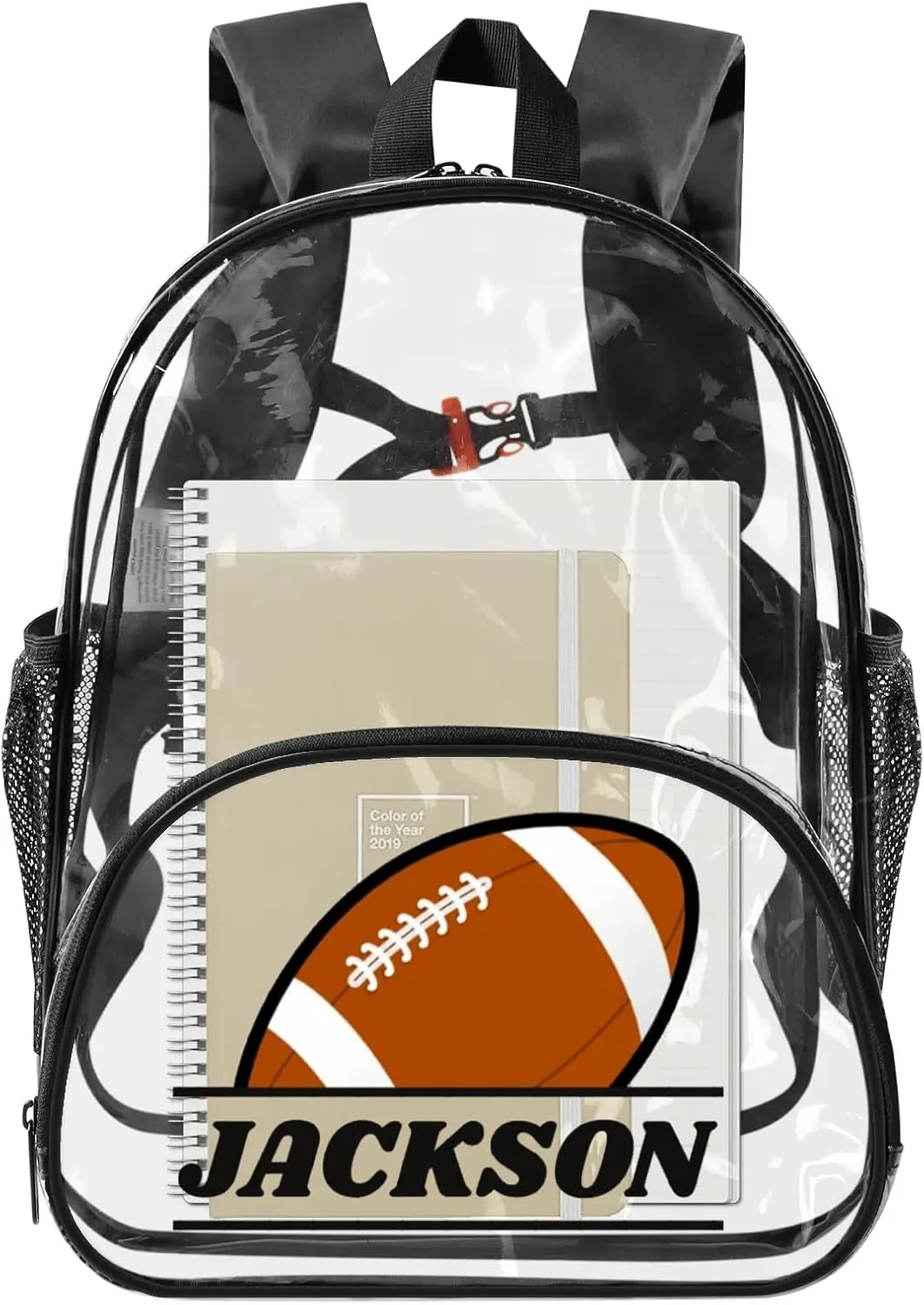 Football Clear Bookbag, Personalized Name Transparent Black Backpack, Custom See Through Travel Sport Plastic Back Pack PVC with Reinforced Strap, Waterproof