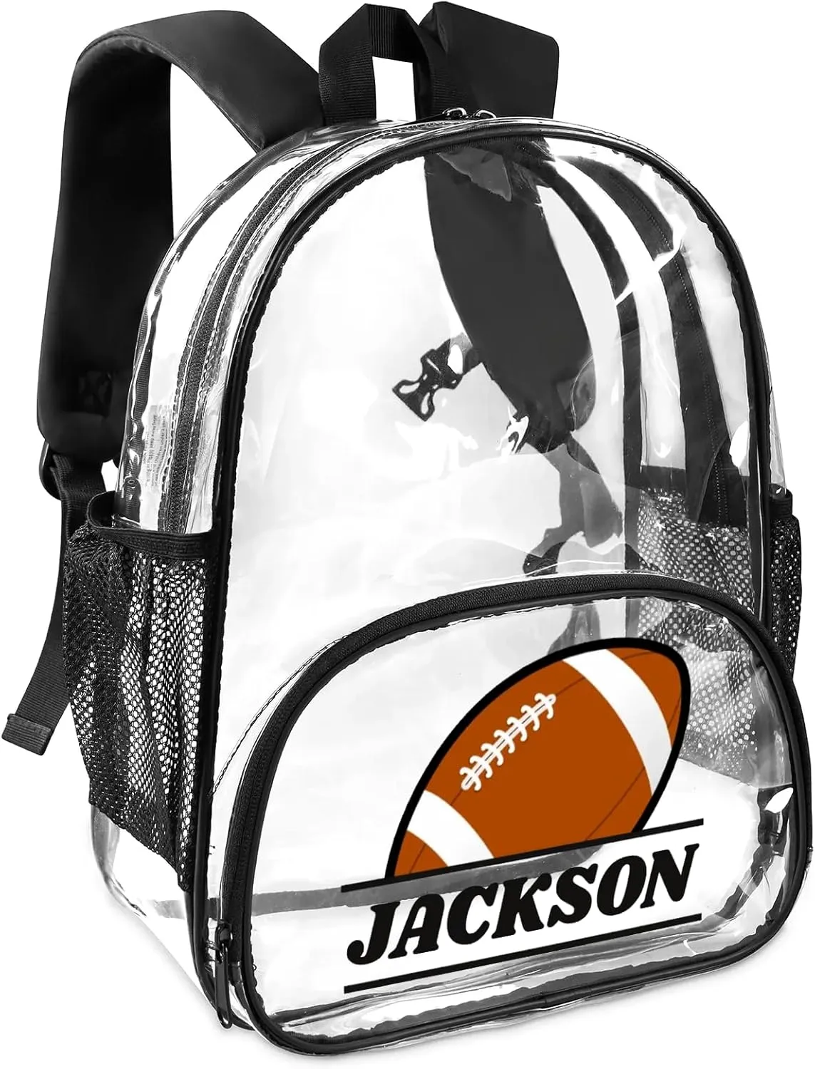 Football Clear Bookbag, Personalized Name Transparent Black Backpack, Custom See Through Travel Sport Plastic Back Pack PVC with Reinforced Strap, Waterproof
