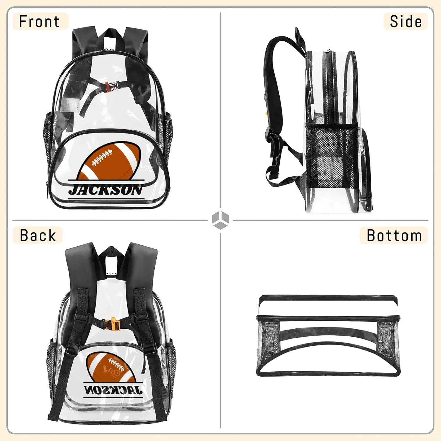 Football Clear Bookbag, Personalized Name Transparent Black Backpack, Custom See Through Travel Sport Plastic Back Pack PVC with Reinforced Strap, Waterproof
