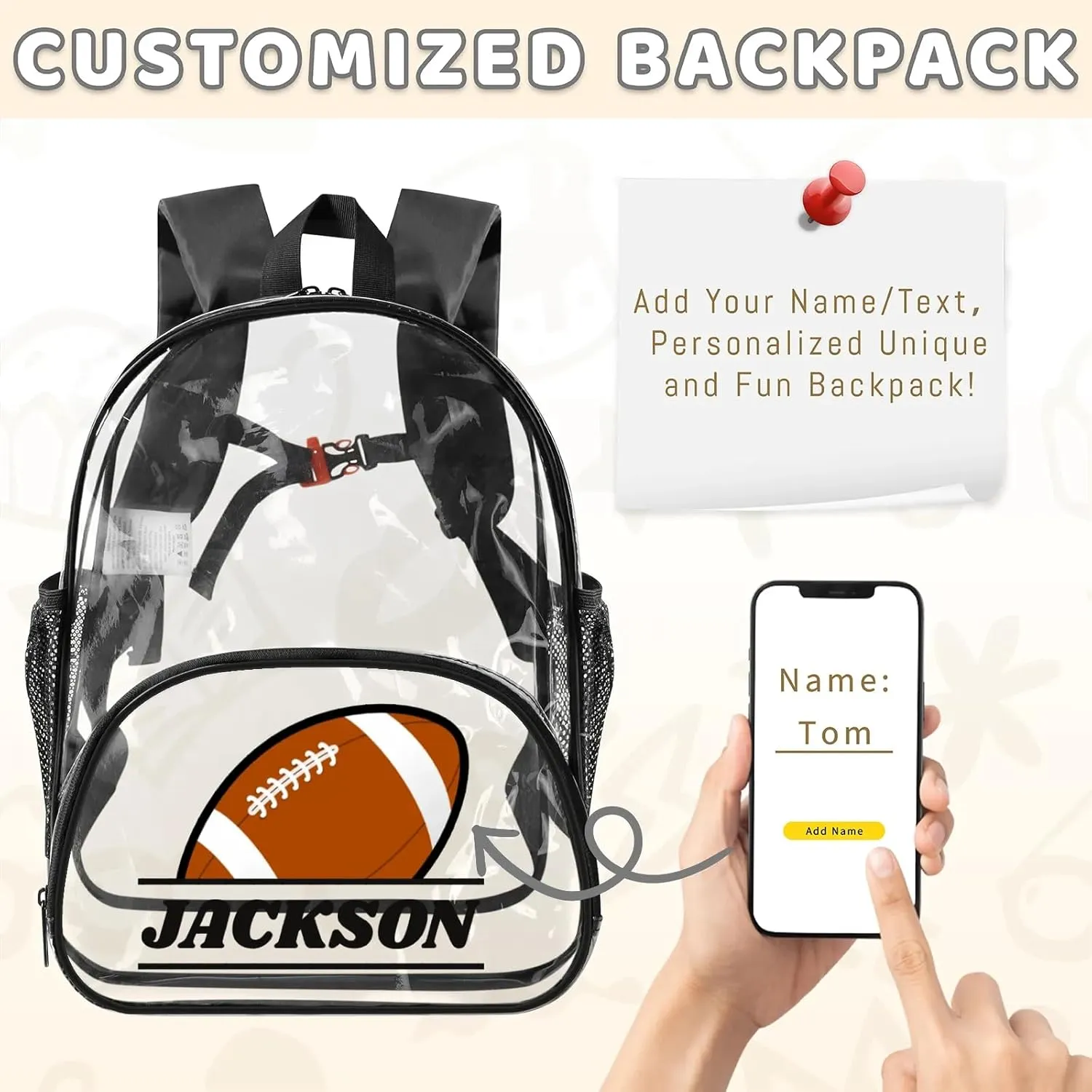 Football Clear Bookbag, Personalized Name Transparent Black Backpack, Custom See Through Travel Sport Plastic Back Pack PVC with Reinforced Strap, Waterproof