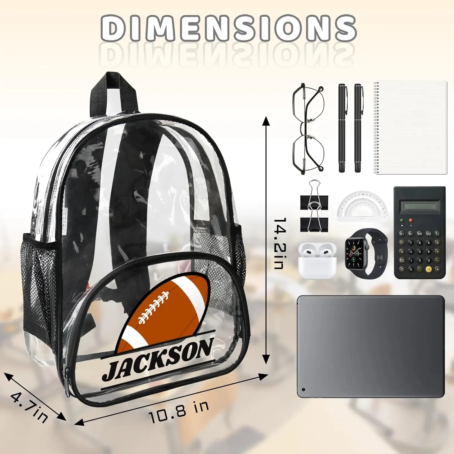 Football Clear Bookbag, Personalized Name Transparent Black Backpack, Custom See Through Travel Sport Plastic Back Pack PVC with Reinforced Strap, Waterproof