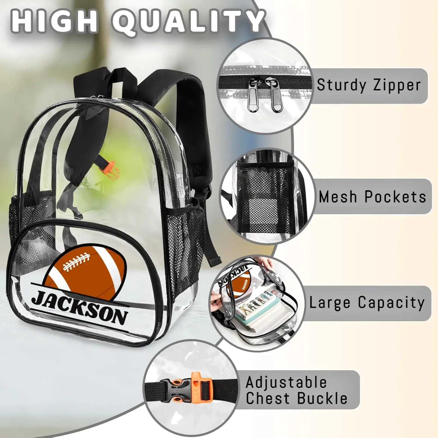 Football Clear Bookbag, Personalized Name Transparent Black Backpack, Custom See Through Travel Sport Plastic Back Pack PVC with Reinforced Strap, Waterproof
