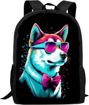 FREE LION Kids Dog Backpack for Boys Girls Cool Gentleman Shiba Inu with Pink Bow Tie Bookbags Elementary Middle High School Bag 17 inch Large Backpack for School & Travel, Funny Dog Animal