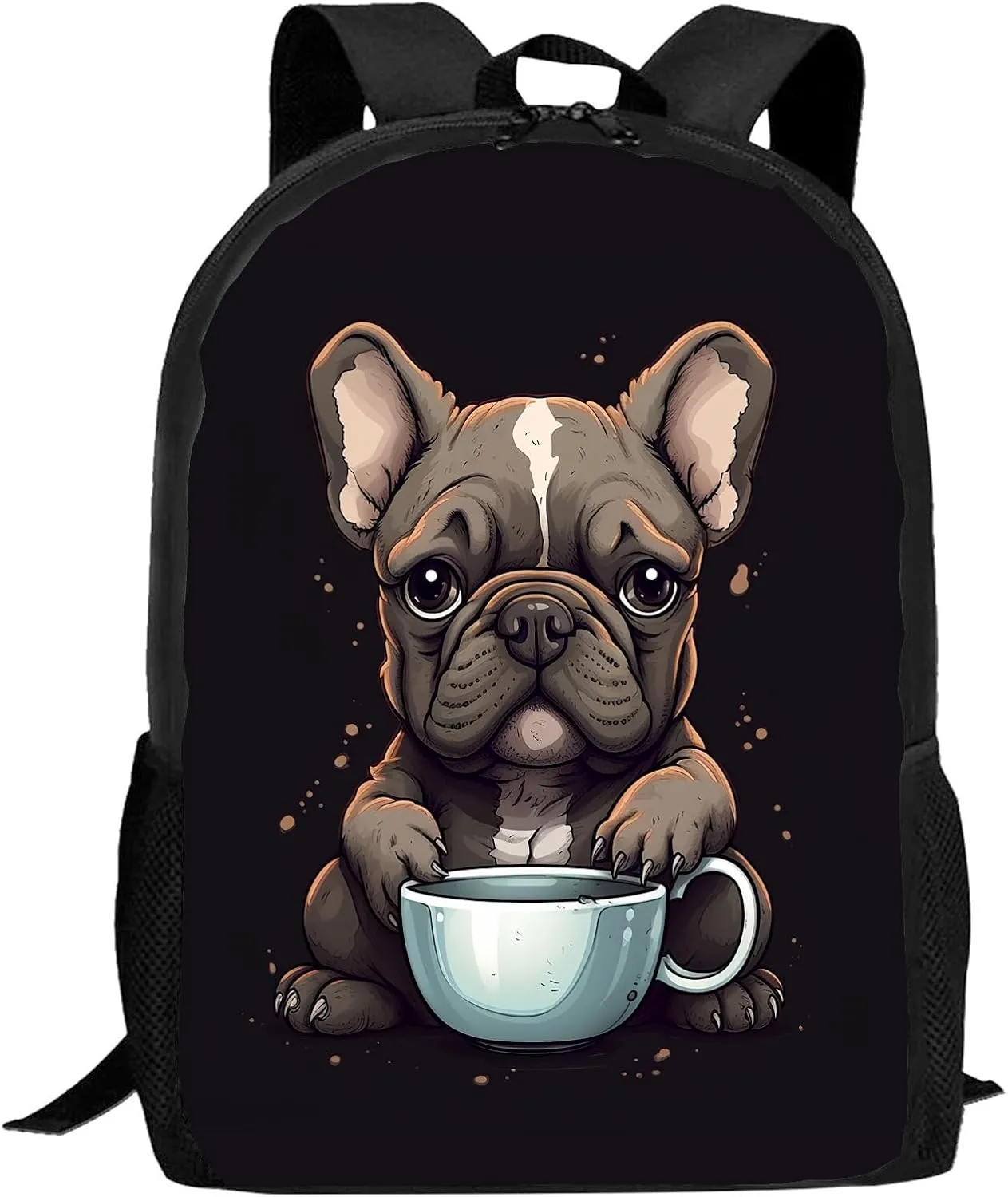 FREE LION Kids French Bulldog Backpack for Boys Girls Cute Dog Puppy French Bulldog Drink Coffee Bookbags Elementary Middle High School Bag Large Capacity Backpack for School & Travel, 17 inches