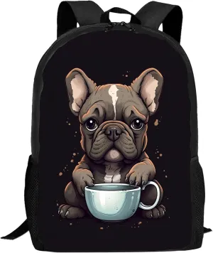 FREE LION Kids French Bulldog Backpack for Boys Girls Cute Dog Puppy French Bulldog Drink Coffee Bookbags Elementary Middle High School Bag Large Capacity Backpack for School & Travel, 17 inches